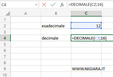 digita la funzione =DECIMALE(C2;16) per convertire il numero esadecimale (base 16)  in decimale