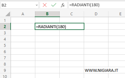 digita =RADIANTI(180) nella cella B2 del foglio Excel