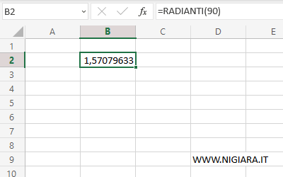 digita 45 nella cella B4 e =RADIANTI(B4) nella cella B2 del foglio Excel