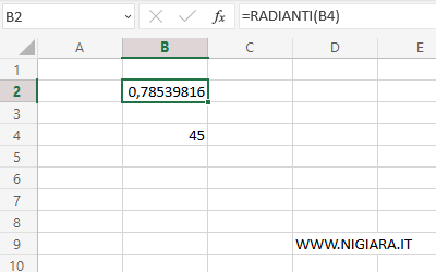 digita =RADIANTI(B4) nella cella B2 del foglio di calcolo