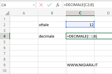 digita la funzione =DECIMALE(C2;8) per convertire il numero ottale in decimale