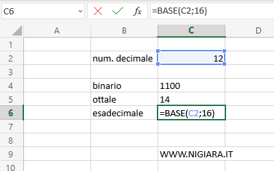 digita =BASE(C2;16) nella cella C6