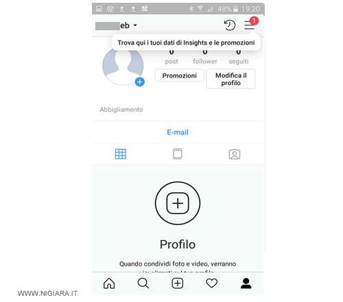 l'home page del profilo aziendale su Instagram
