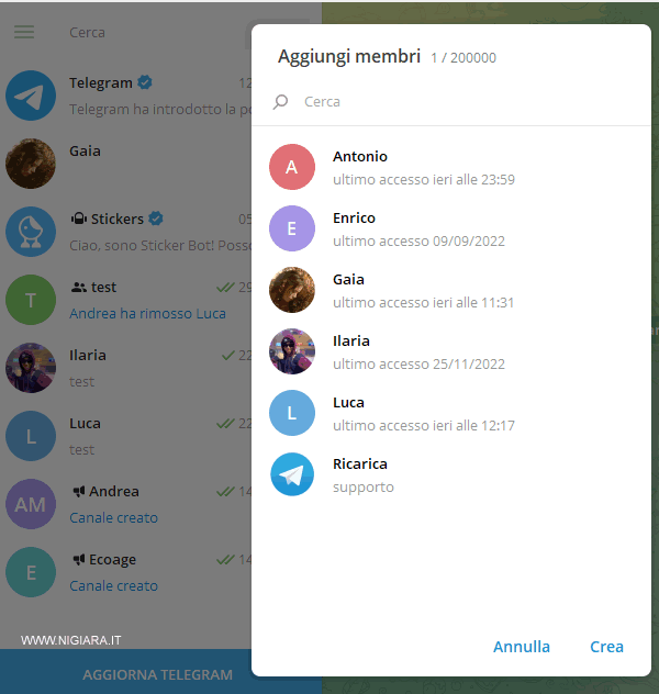 aggiungi i contatti al nuovo gruppo su Telegram 
