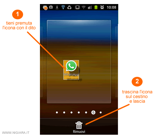 sposta l'icona di Whatsapp su trash per disinstallare l'app da Android