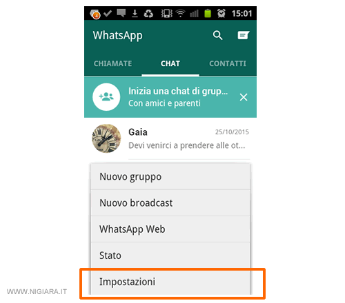 il menu principale di Whatsapp