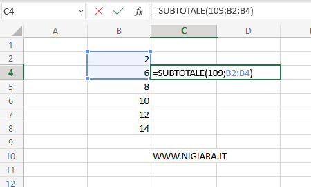 digita =SUBTOTALE(109;B2:B4)