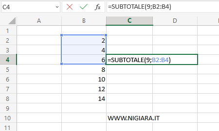 digita =SUBTOTALE(9;B2:B4)