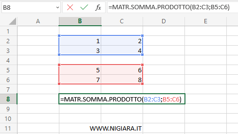 digita =MATR.SOMMA.PRODOTTO(B2:C3;B5:C6)