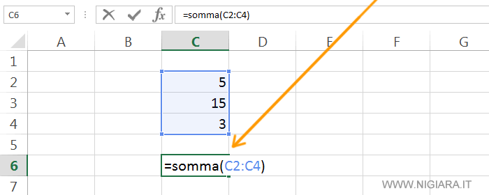 scrivi la funzione SOMMA(C2:C4) nella cella C5