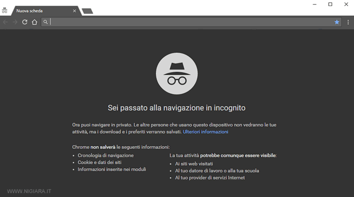 l'home page della navigazione in incognito su Chrome