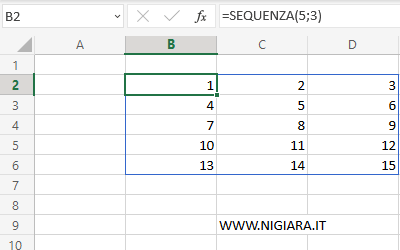 digita =SEQUENZA(5;3) nella cella B2 del foglio Excel