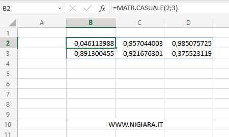 la matrice 2x3 su Excel con i valori casuali
