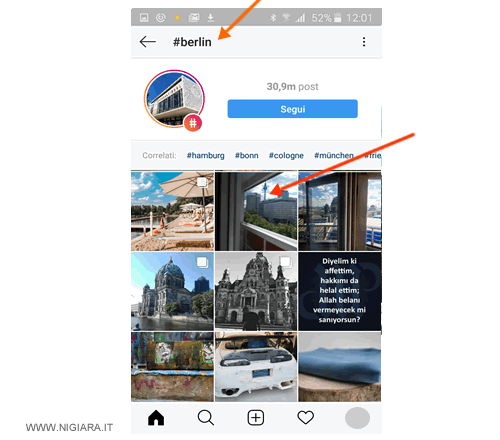 la visualizzazione dei post su Instagram tramite una ricerca per hashtag