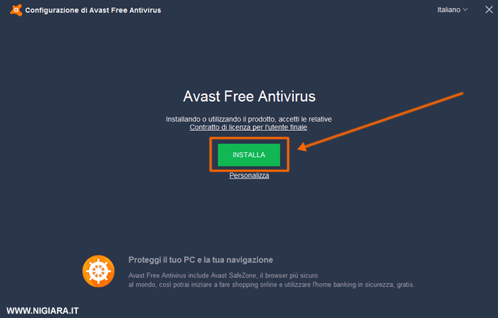 clicca su Installa per avviare l'installazione di Avast