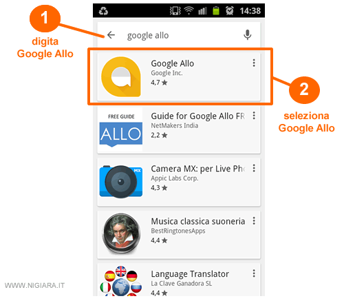 cerca Google Allo su PlayStore e seleziona l'app sviluppata da Google Inc.