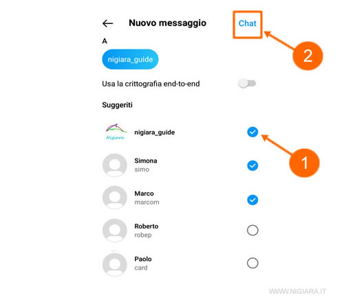 seleziona i destinatari e scrivi il messaggio di testo