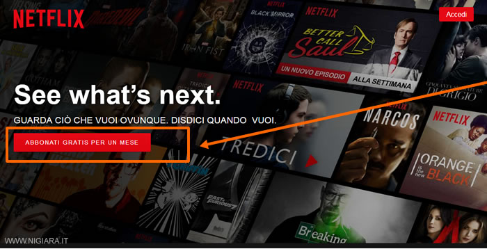 clicca sul bottone Abbonati Gratis a Netflix per un mese