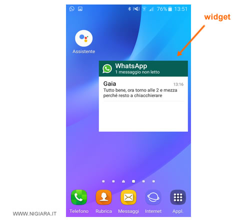 un esempio di lettura del messaggio con il widget di Whatsapp su Android