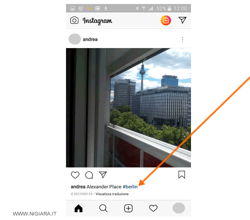 un esempio di condivisione di una foto su Instagram con un hashtag nella didascalia