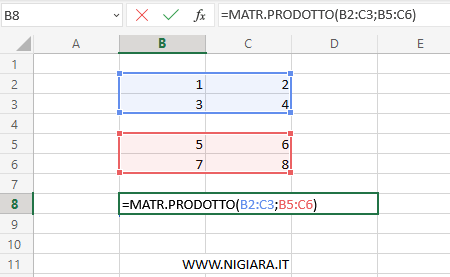 digita =MATR.PRODOTTO(B2:C3;B5:C6) 