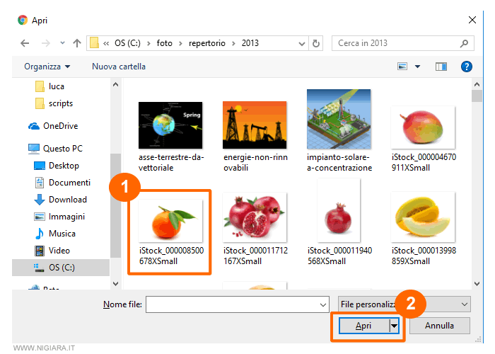 seleziona il file della foto digitale dalla cartella del tuo computer