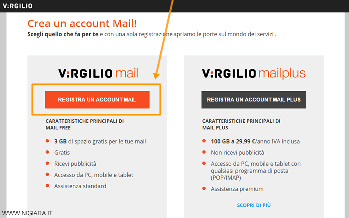 clicca su Virgilio Mail per creare un indirizzo email gratis