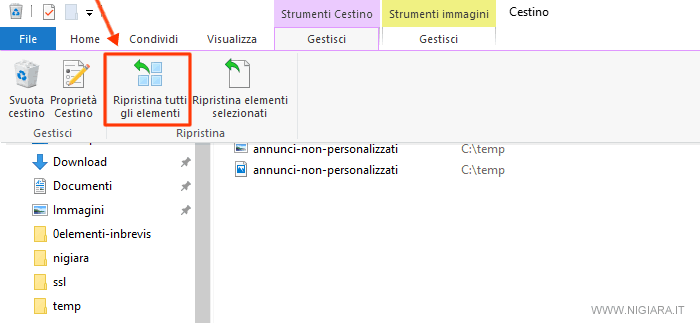 clicca su Ripristina tutti gli elementi per recuperare tutto il contenuto nel cestino di Windows