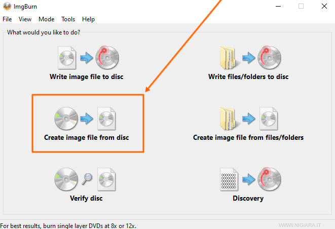seleziona il pulsante Create Image File From Disc