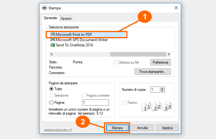 seleziona Microsoft Print to PDF e clicca su Stampa
