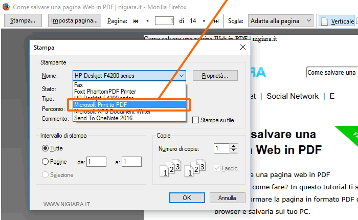 seleziona Microsoft Print To PDF