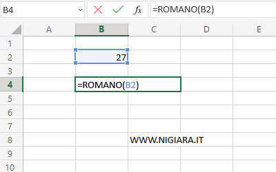 digita =ROMANI(B2) nella cella B4