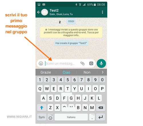 come scrivere il primo messaggio nel gruppo Whatsapp