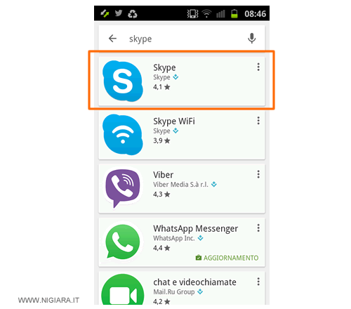 seleziona Skype nell'elenco delle app
