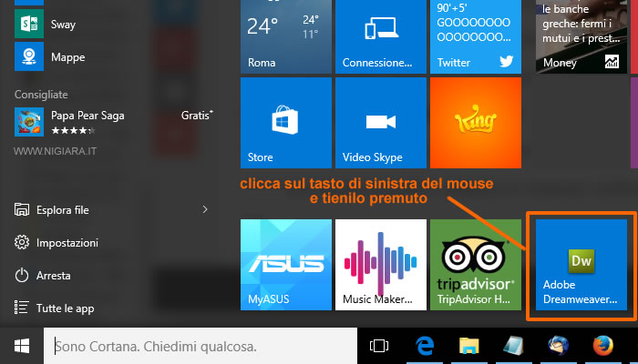 clicca sull'icona da spostare nel menù Start di Windows10