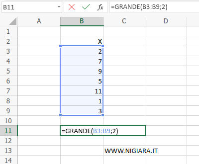 digita =GRANDE(B3:B9;2) 