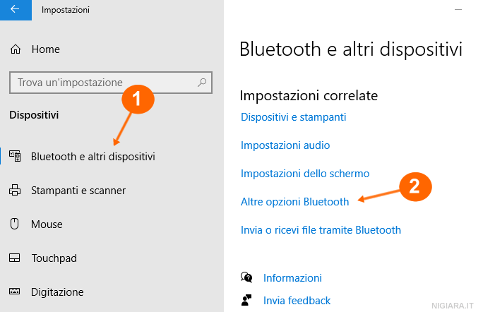 seleziona Bluetooth e clicca su Altre opzioni