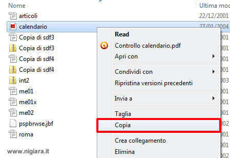 Come copiare il file dal computer con control-C oppure con il comando copia di Windows