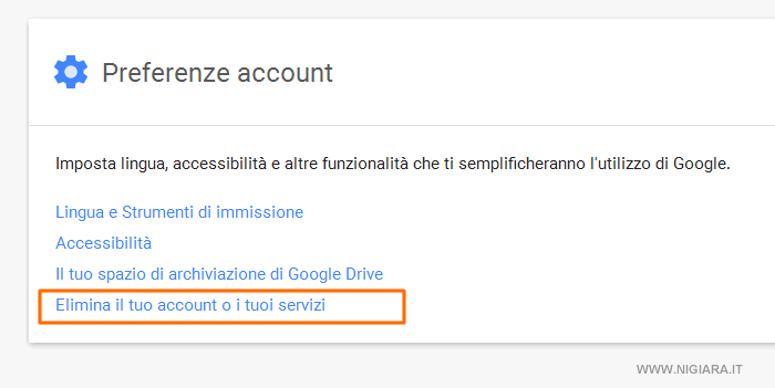 la procedura di eliminazione dell'account Google