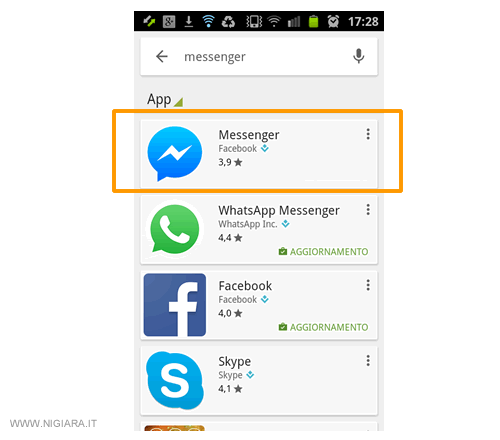 seleziona l'applicazione di Facebook Messenger da scaricare sullo smartphone Android