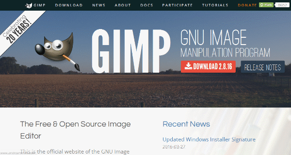 home page del software di grafica open source GIMP - www.gimp.org