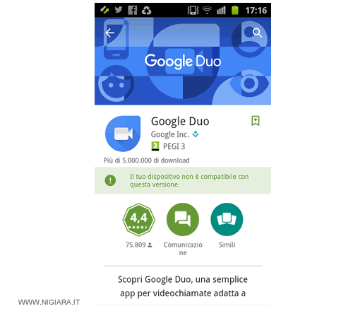 il messaggio di errore quando il dispositivo è incompatibile con Google Duo