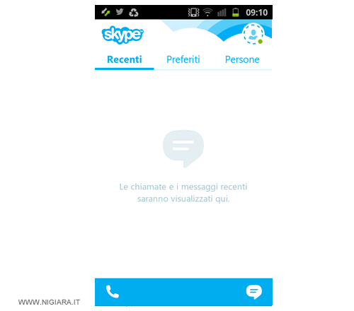 la schermata iniziale di Skype sullo smartphone Android
