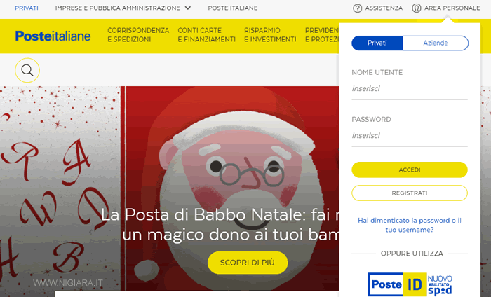 la home page del sito di Poste Italiane