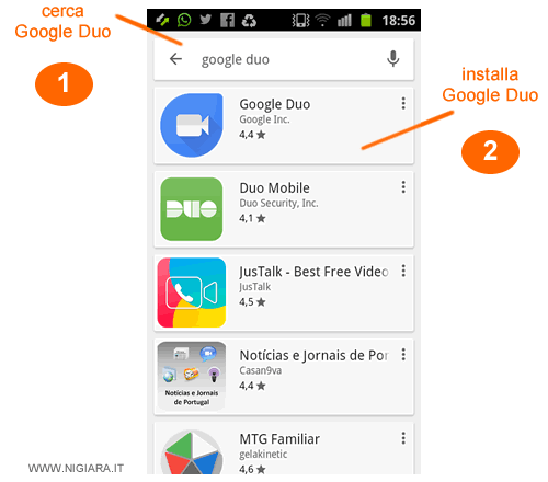 ricerca e installa l'app di Google Duo su PlayStore