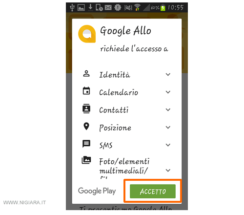 premi su Accetto per autorizzare l'applicazione ad accedere alle informazioni sul tuo smartphone