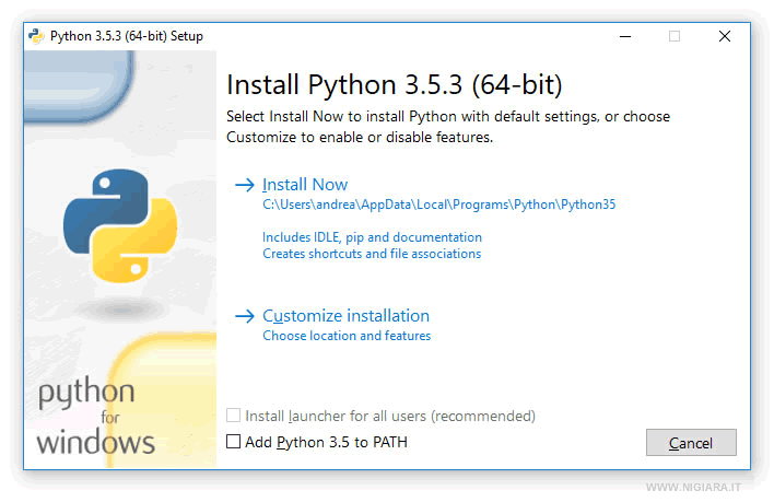 la prima schermata dell'installazione di Python su Windows