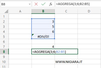 digita la funzione =AGGREGA(3;6;B2:B5)