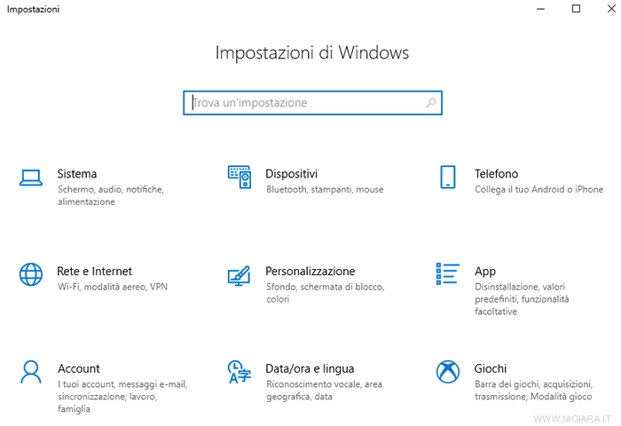 le impostazioni di sistema di Windows10