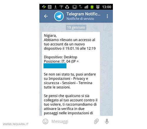 la notifica di accesso su Telegram sul PC